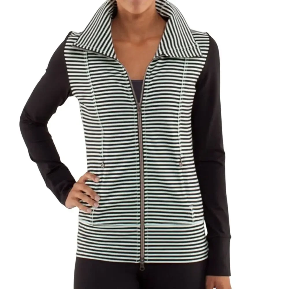 Lululemon Daily Yoga Jacket Mint Green Striped High Neck Zip Up Jacket Size 2